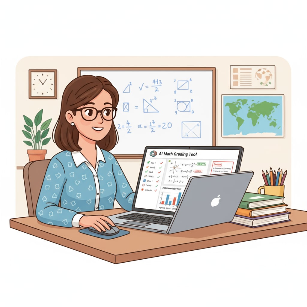 An illustration depicting a teacher sitting at a desk, using a laptop with an AI math grading tool interface open. A teacher using an AI math grading tool to save time and increase efficiency.