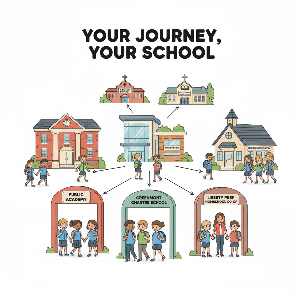 A group of students walking into different schools, representing the concept of school choice Students walking into different schools related to school choice, conservatives' view, and education policy