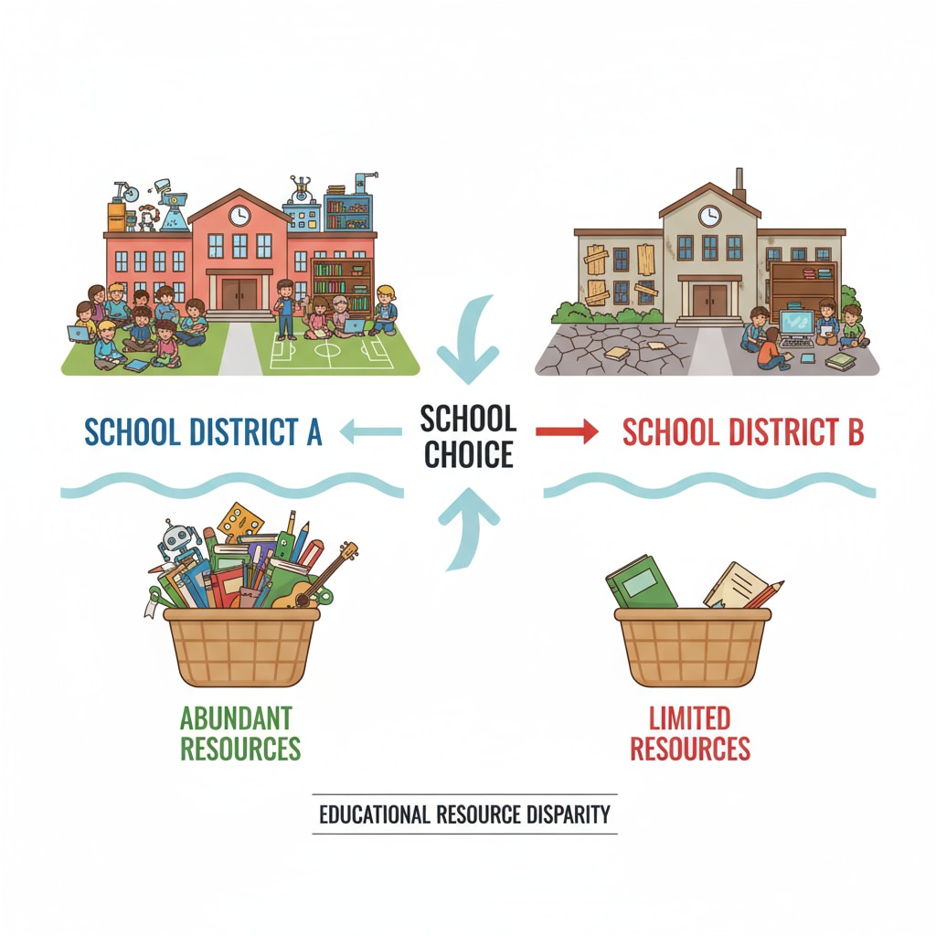 A graph showing the difference in educational resources between schools due to school choice Graph presenting educational resource differences between schools because of school choice, conservatives' stance, and education policy