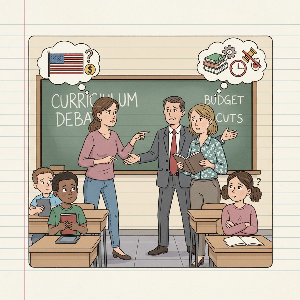 A classroom scene where a parent, teacher, and students are present, highlighting the potential for conflict in American public education. A visual representation of the conflict between parents, teachers, and curriculum in American public education.