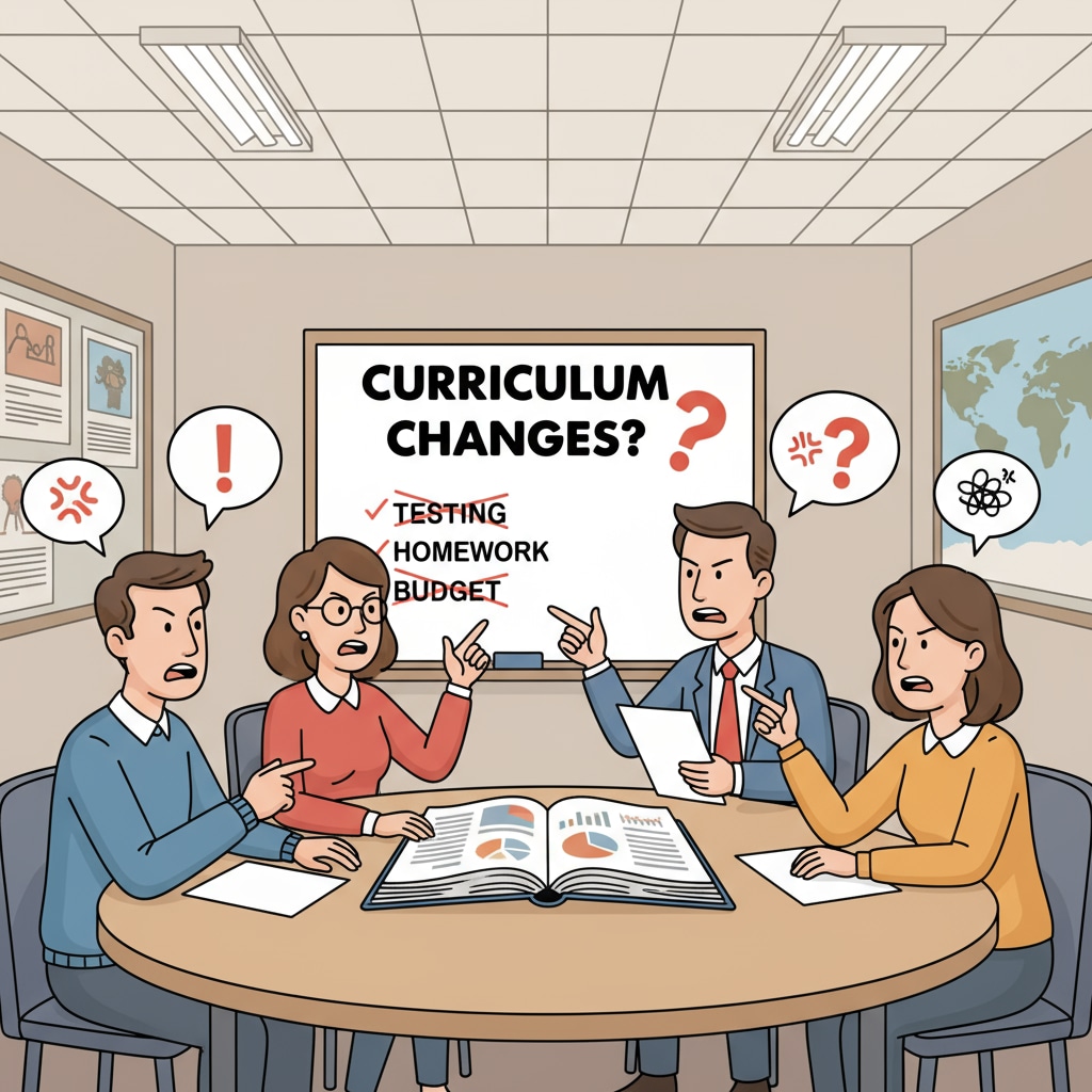 A meeting scenario with parents and teachers engaged in a heated discussion about educational issues. Image depicting the manifestation of disputes between parents and teachers in American public education.