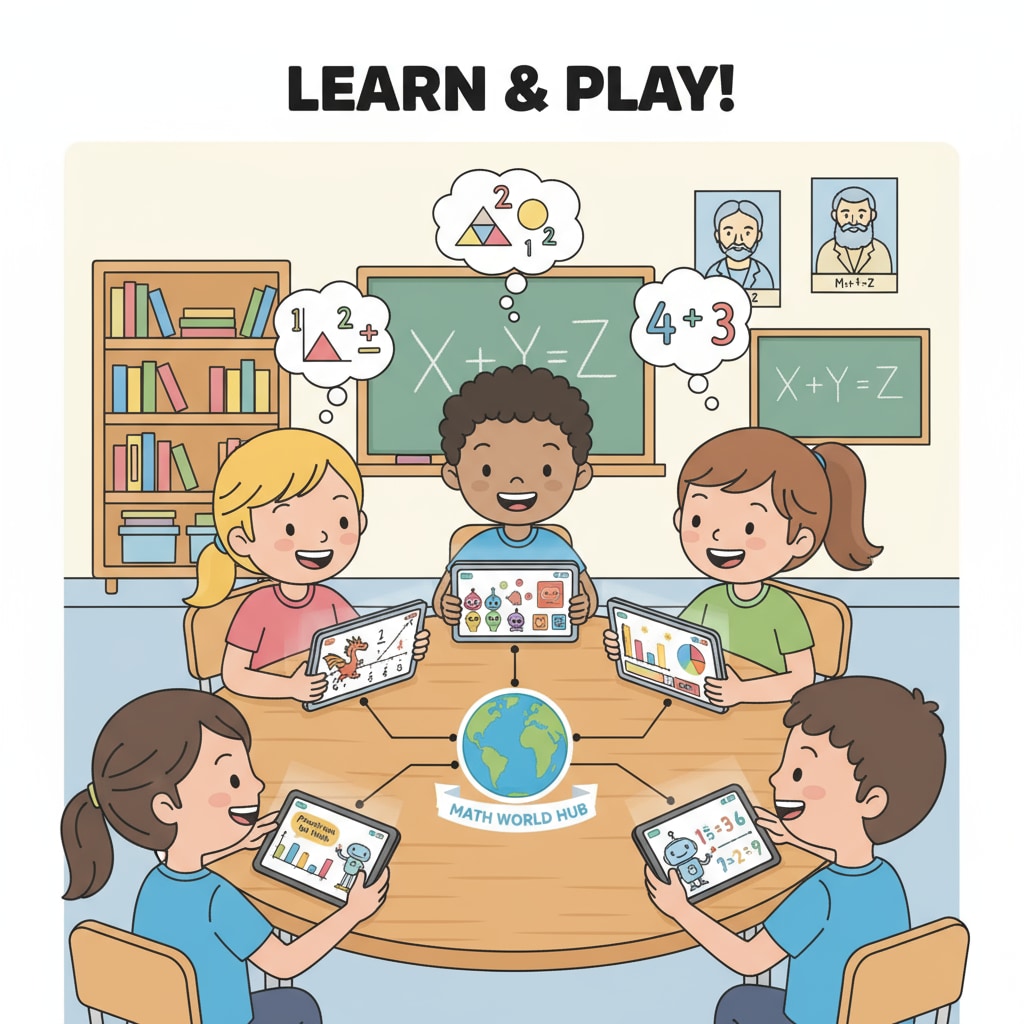 A group of 9-year-old children are sitting around a table, happily using tablets to engage with a math learning program. The tablets show colorful math-related graphics and games. 9-year-old children using a math learning program to enhance their math abilities