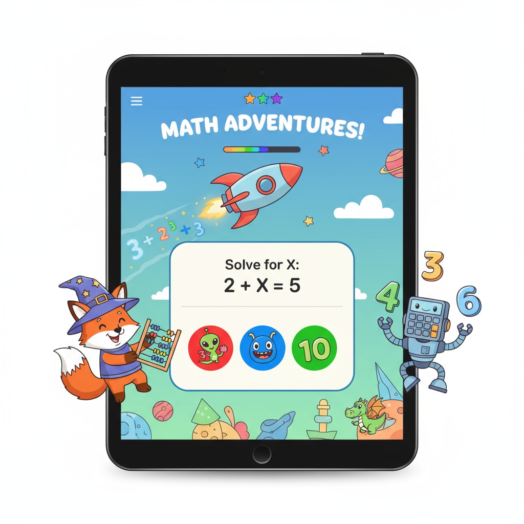 The screenshot displays a popular math learning program. There are colorful characters, animated objects, and interactive buttons on the screen, which are designed to attract children's attention and make math learning fun. Screenshot of an engaging math learning program for children to improve math skills