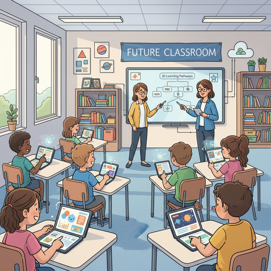 Students in a futuristic classroom using AI learning tools