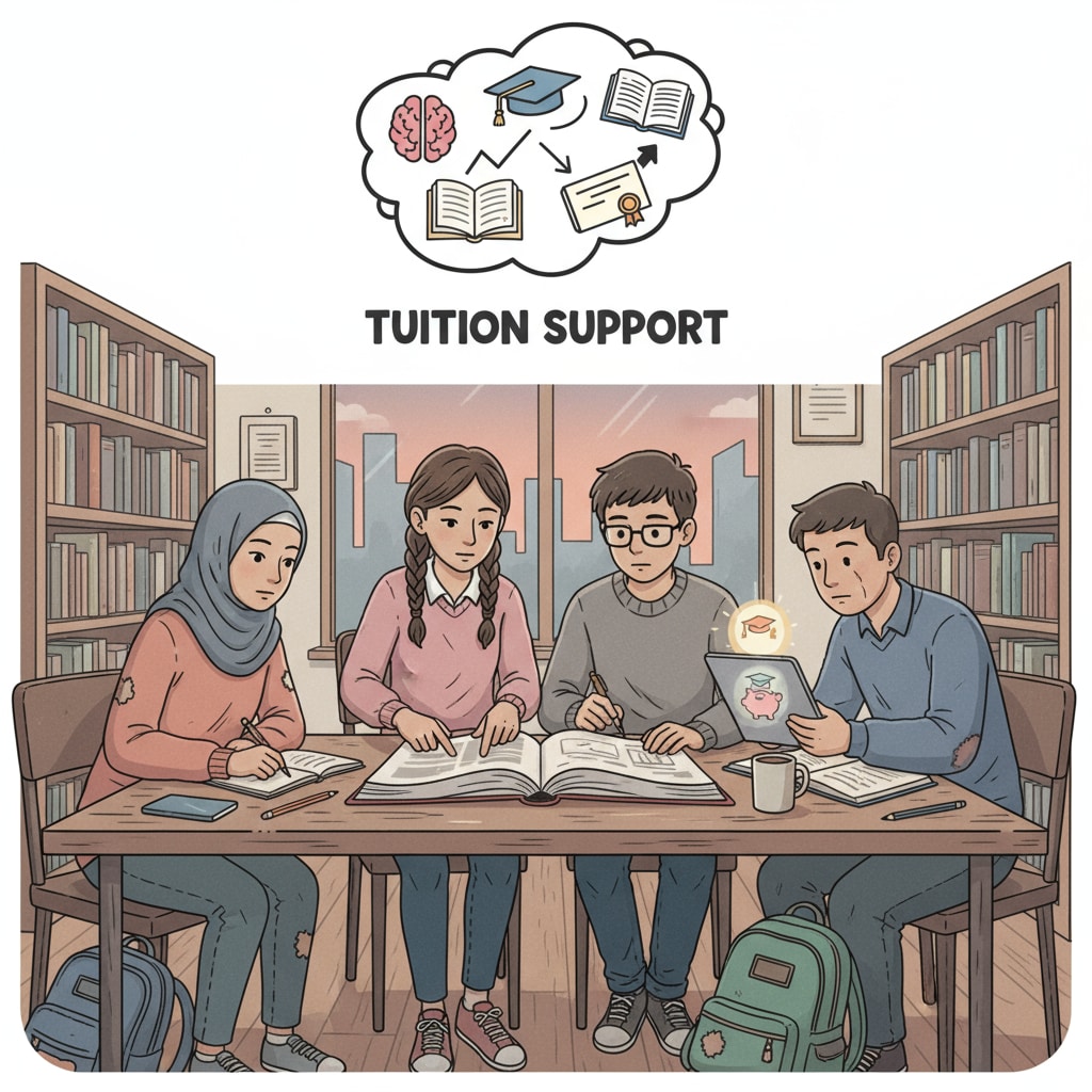 Students studying together, representing those in need of tuition fundraising due to economic difficulties.