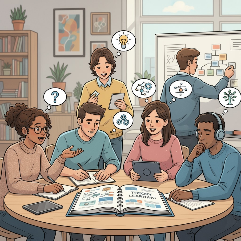 A group of students with different learning styles discussing theory learning, showing their diverse body language and expressions related to the topic. Students with attention deficits and hands-on learners discussing theory learning