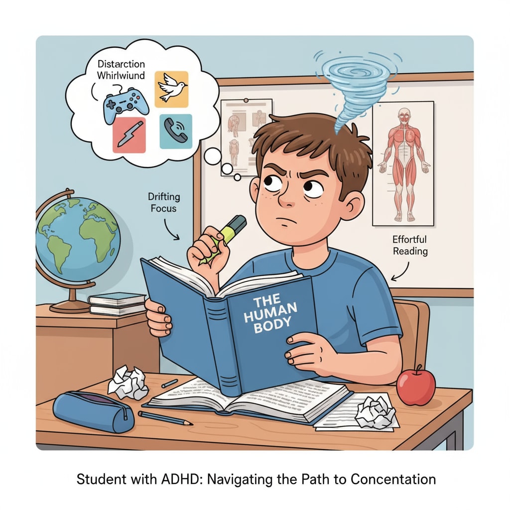 A student with attention deficit trying to focus on a book, looking a bit distracted but still making an effort to read. A student with attention deficit struggling to focus on theory learning