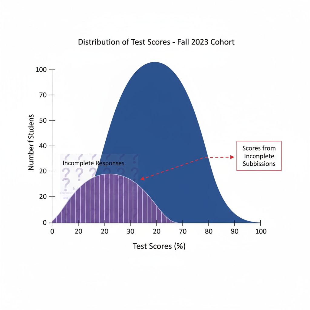 A graph showing the distribution of test scores with some scores potentially affected by incomplete responses. Graph of test scores affected by incomplete responses relevant to test scores, data analysis, and outlier handling