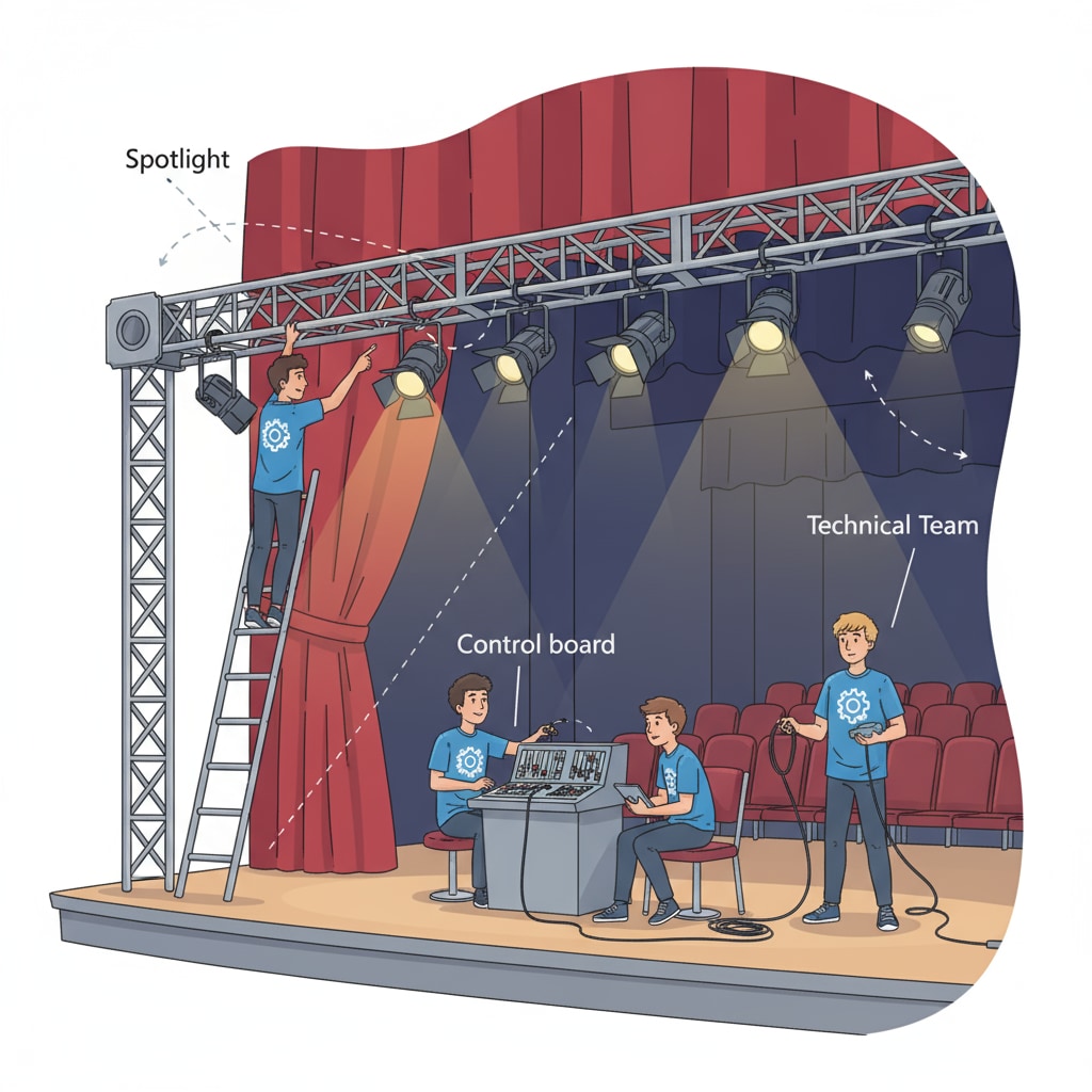 A group of students in the technical team adjusting stage lights for a school performance. Students in the technical team working on stage lights for a school event