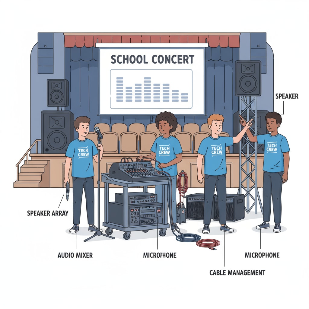 Students in the technical team setting up the sound system for a school concert. Technical team students setting up sound system for school concert