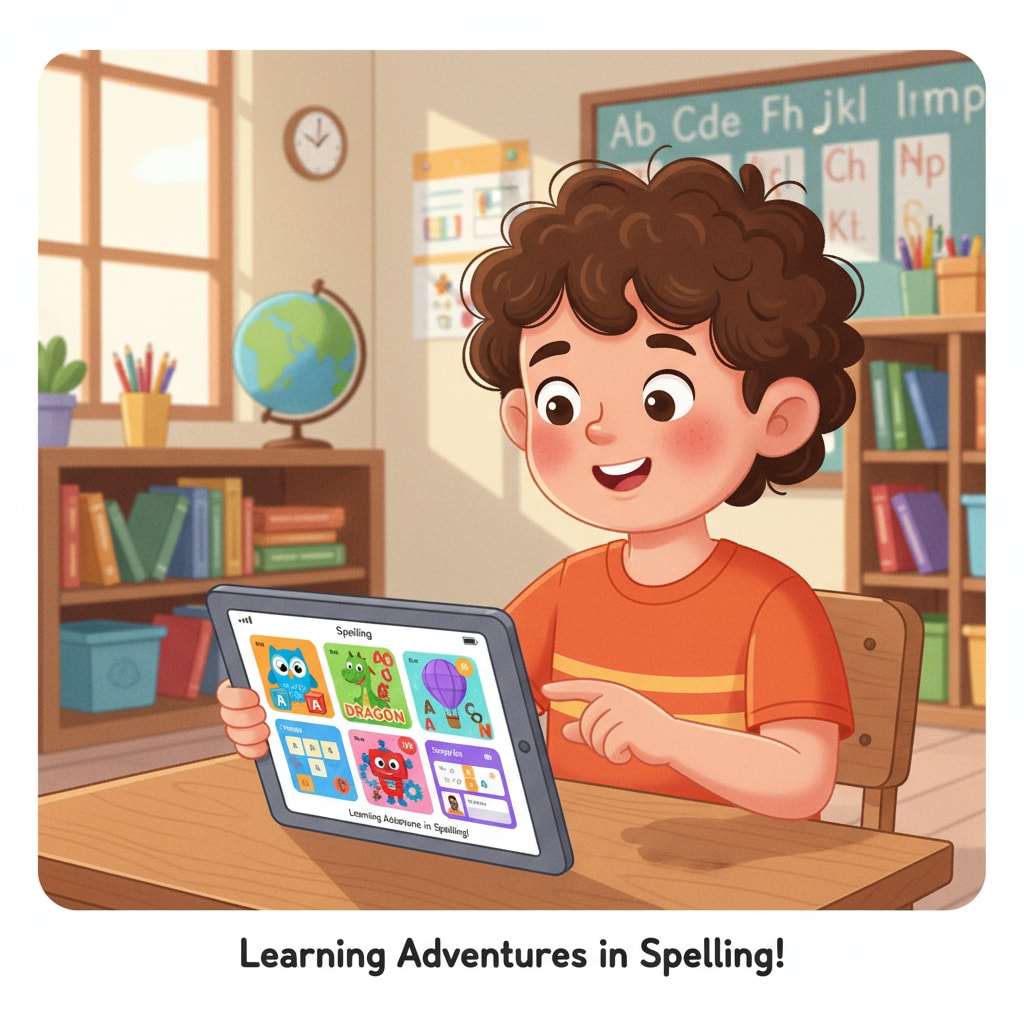 A child is using a tablet with various spelling learning apps displayed on the screen. A child using a tablet with spelling learning apps for ADHD children