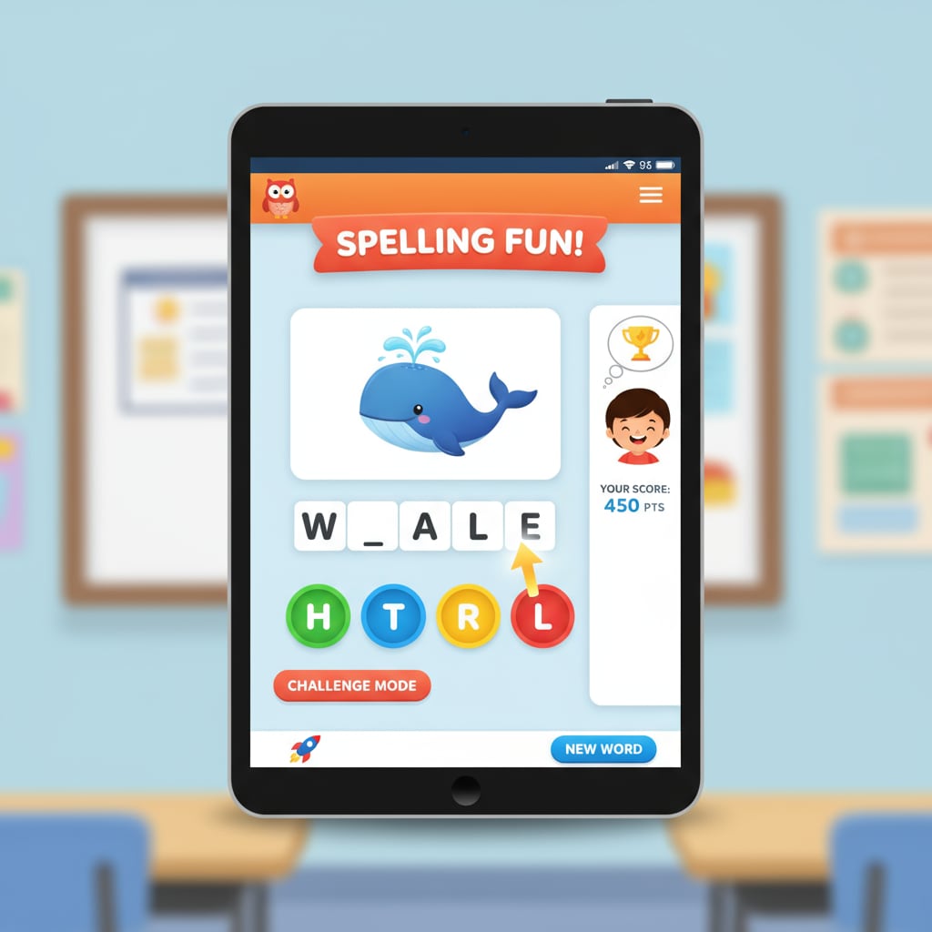 A screenshot of an interactive spelling app showing colorful graphics and word - related activities. Screenshot of an interactive spelling app for ADHD children's spelling learning