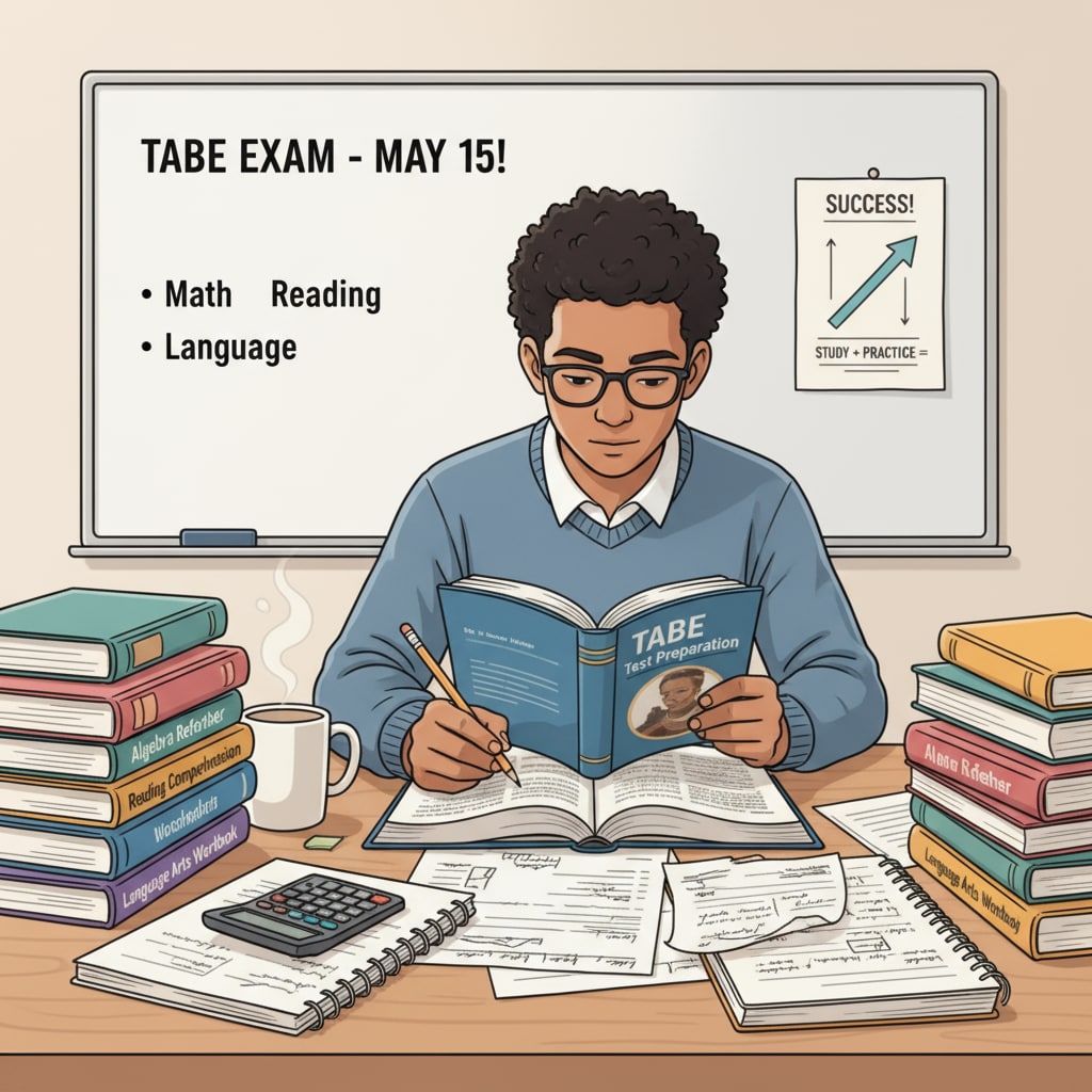A young person is sitting at a desk, surrounded by books and papers, studying intently for the TABE test. Young person studying for the TABE test related to firefighter and EMT training