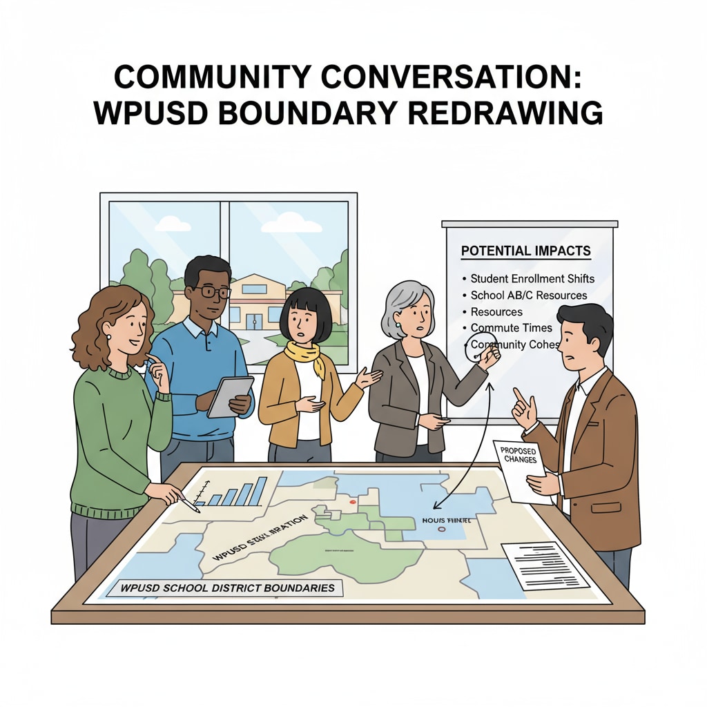 A group of parents discussing the potential impact of WPUSD boundary redrawing Parents discussing the WPUSD boundary redrawing proposal
