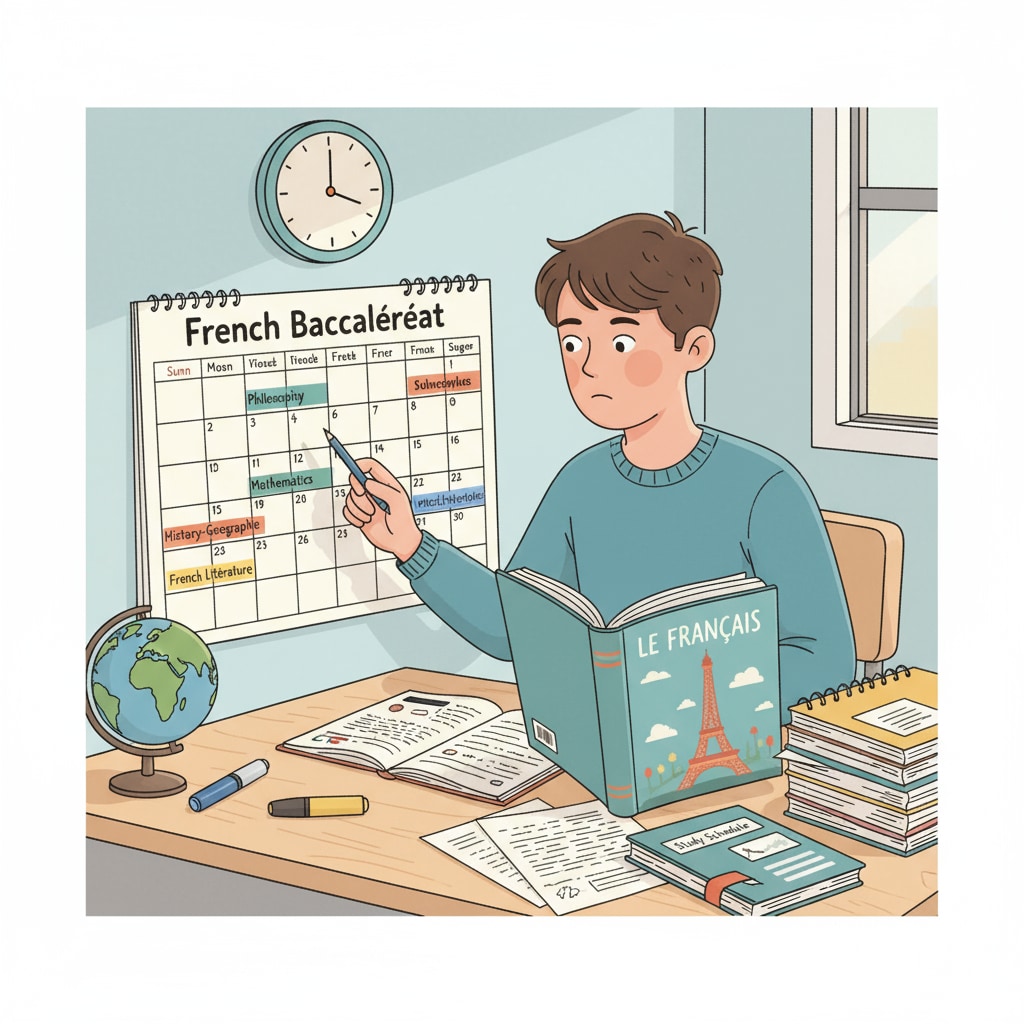 A student sitting at a desk with a calendar and study materials, planning their study schedule for the French Baccalauréat. A student using time management tools to prepare for the French Baccalauréat.