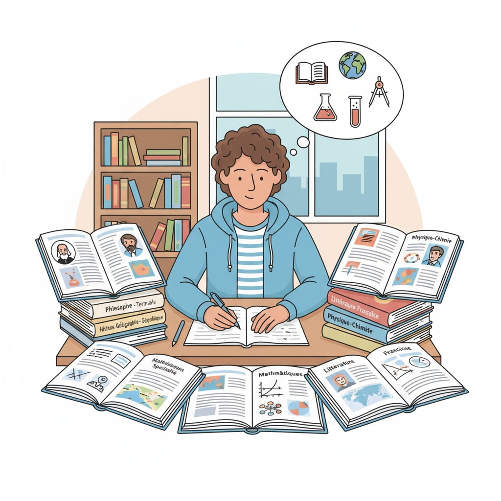 A student studying different textbooks for various French Baccalauréat subjects. A student engaged in subject-specific preparation for the French Baccalauréat.