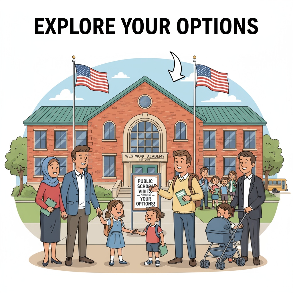 A group of parents and children are standing in front of a public school building. The parents have curious expressions on their faces as they look at the school, which represents their eagerness to learn more about the public school for educational choices through school visits. Parents and children in front of a public school for educational choice through school visits