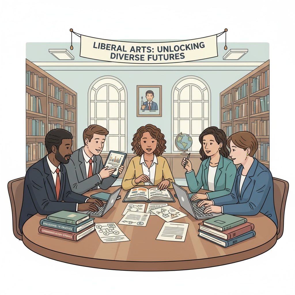 A group of liberal arts graduates are sitting around a table, discussing different career paths, with books and papers related to education in sight. Liberal arts graduates exploring career opportunities in education for career development and financial independence