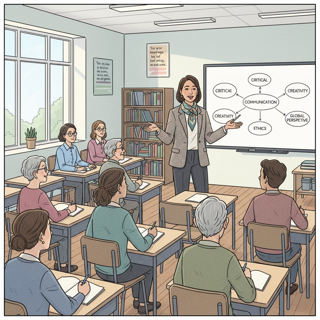 A liberal arts graduate is standing in front of a classroom filled with students of different ages, teaching a lesson with enthusiasm. Liberal arts graduate using skills from liberal arts education to teach in K12 for professional value and financial independence
