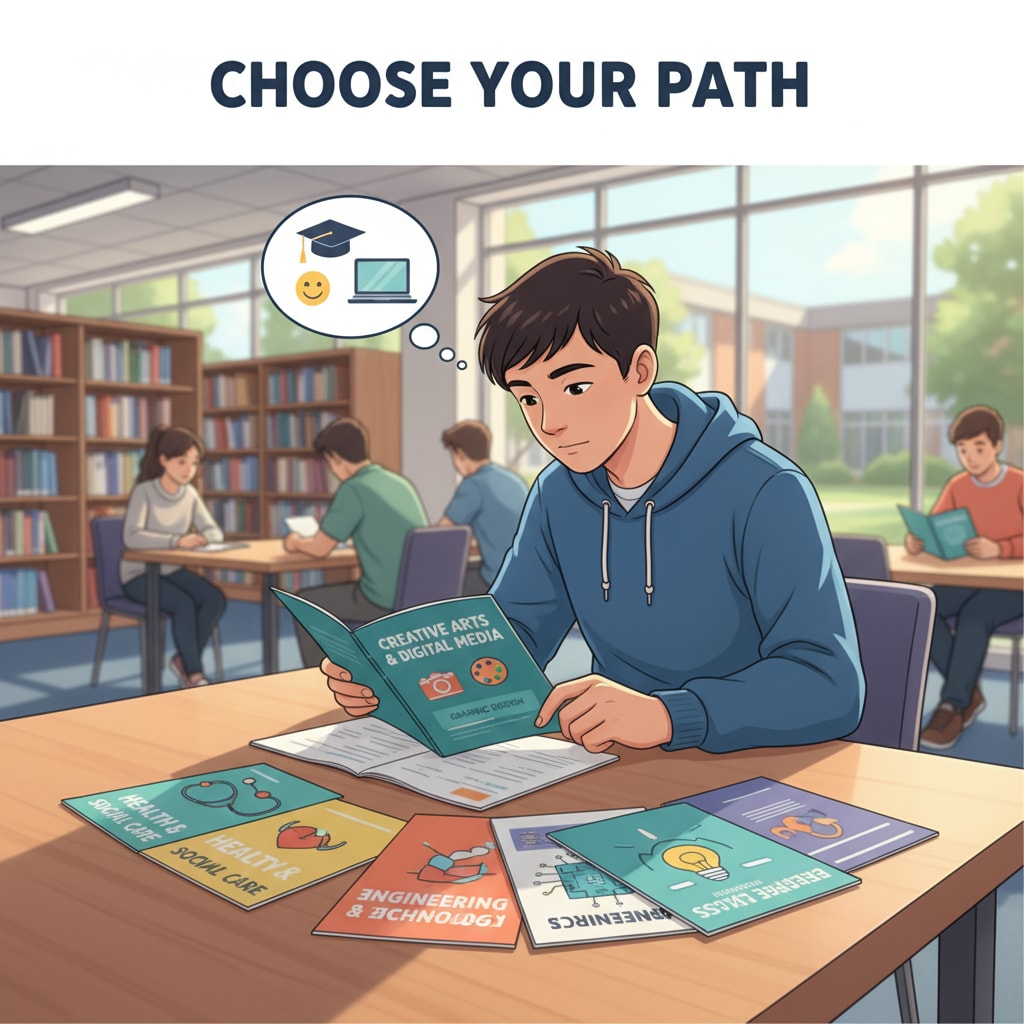 A student is carefully looking through various course brochures in a further education college, showing interest in different courses. Student exploring courses in a further education college for dropouts returning to school