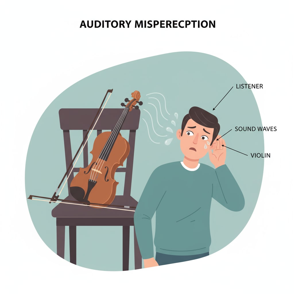 A person is attentively listening to a sound, with a violin visible in the background, symbolizing the moment of mistaking the violin sound for crying. A person listening intently to a sound that could be a violin or a cry