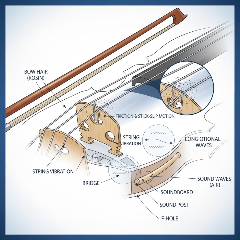 A close-up view of a violin's strings being played, emphasizing the source of the unique sound. Close-up of a violin's strings being played, highlighting the instrument's sound production