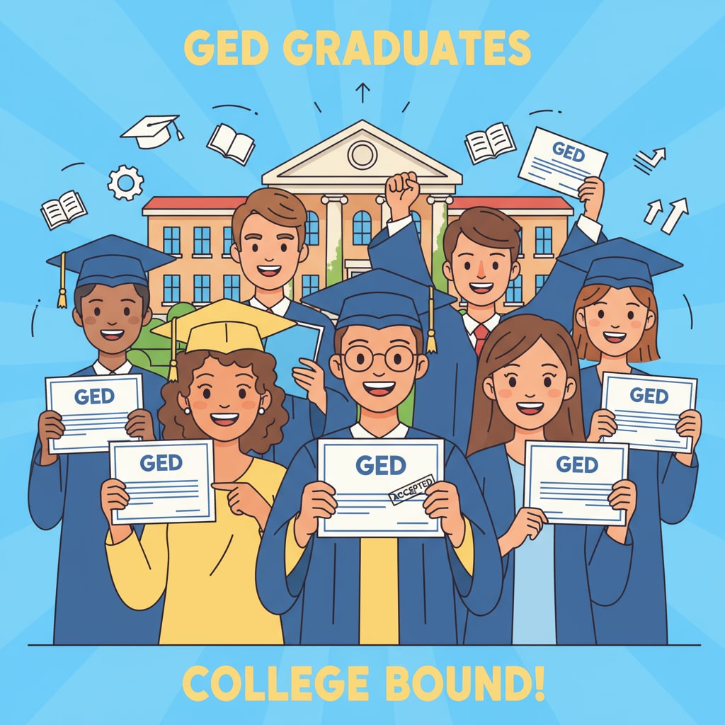 A group of students with GED certificates celebrating their college acceptance, showing their excitement and hope for the future in higher education. GED holders celebrating college acceptance related to four-year college admission eligibility