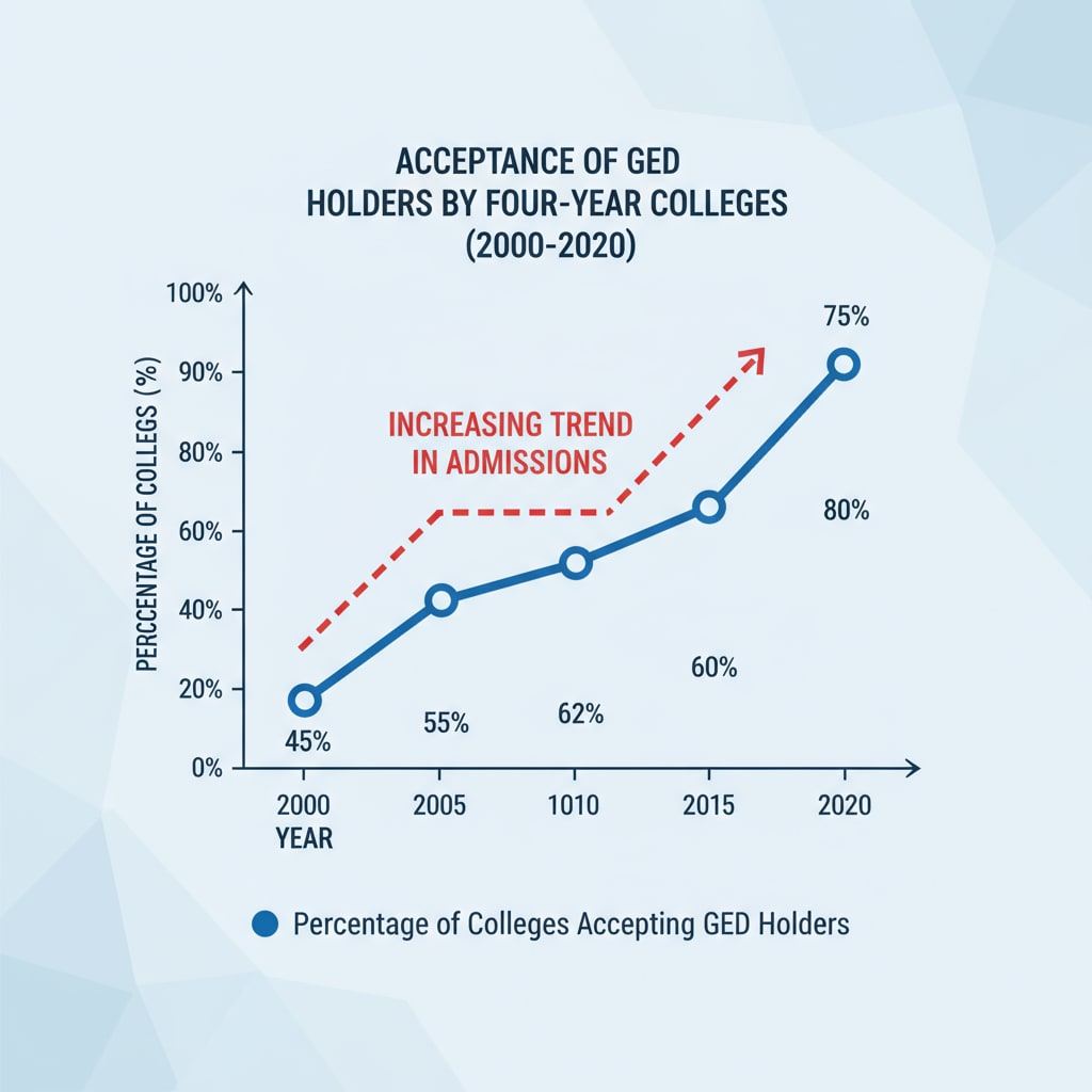 A chart presenting the percentage of four-year colleges across the country that accept GED holders, highlighting the trend in college admissions for GED recipients. Chart showing the percentage of four-year colleges accepting GED holders relevant to admission eligibility