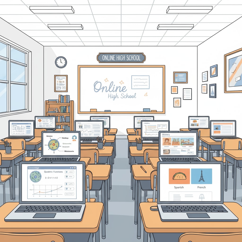 Students are shown sitting at their desks, focused on their laptops as they engage in online high school courses, with various educational software and subject materials visible on the screens. Students studying in an online high school environment for high school diploma educational choices