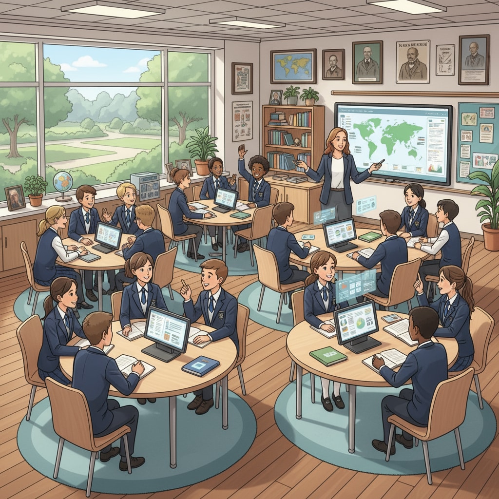 A classroom in a private high school with students actively participating in a discussion led by a teacher. The classroom is equipped with modern teaching aids and comfortable furniture. Classroom scene in a private high school for high school education and diploma choices