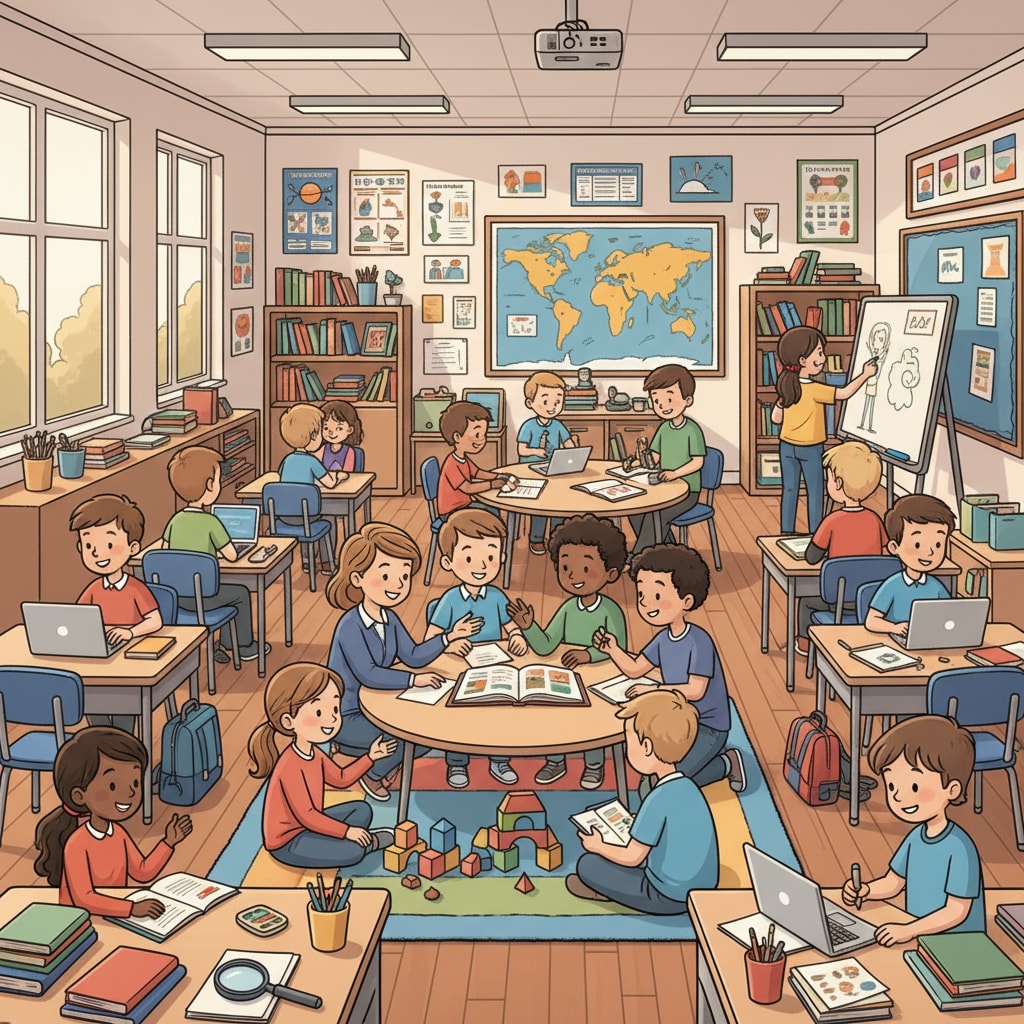 A classroom scene in K12 education where students are actively engaged in discussions, writing, and group activities, showing a vibrant learning environment. K12 education classroom scene related to educational requirements, career development, and continuing education