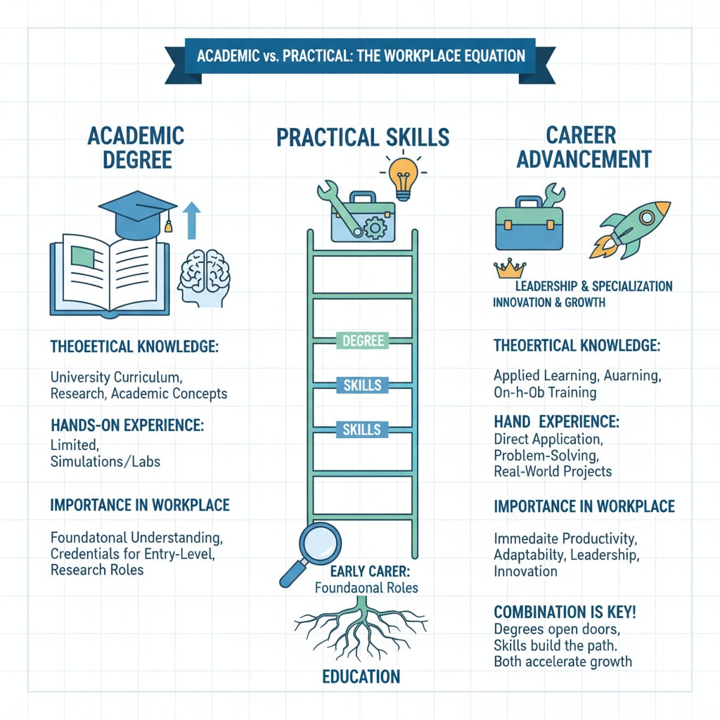 A visual comparison of academic degrees and practical skills in the workplace, with columns showing different aspects such as theoretical knowledge, hands-on experience, and their importance in career advancement. Comparison of academic degrees and practical skills in the workplace relevant to educational requirements, career development, and continuing education
