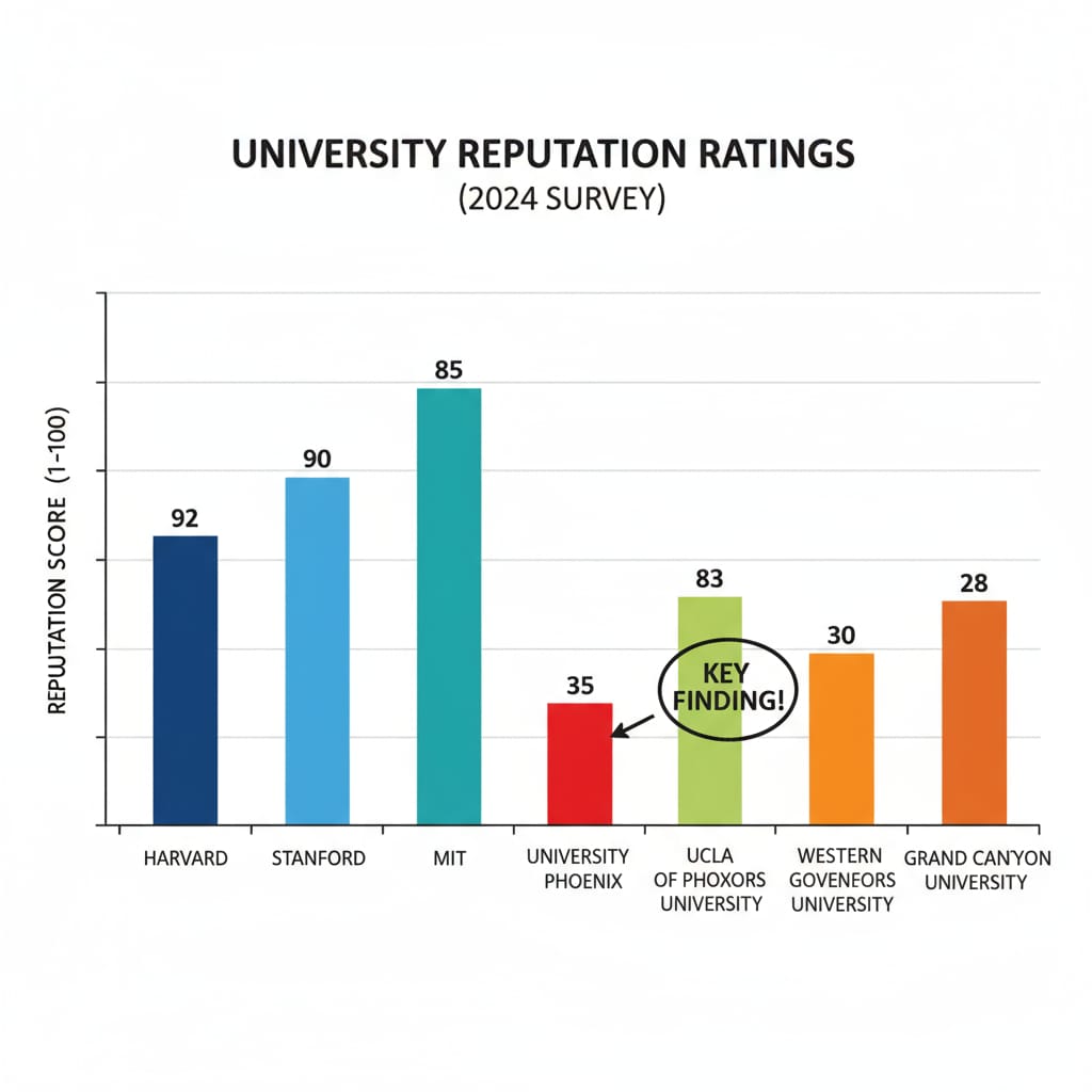 A graph is presented, comparing the reputation ratings of various universities. The rating of the University of Phoenix is clearly marked and stands out among the others. Reputation comparison graph of universities relevant to the University of Phoenix free degree program for career development