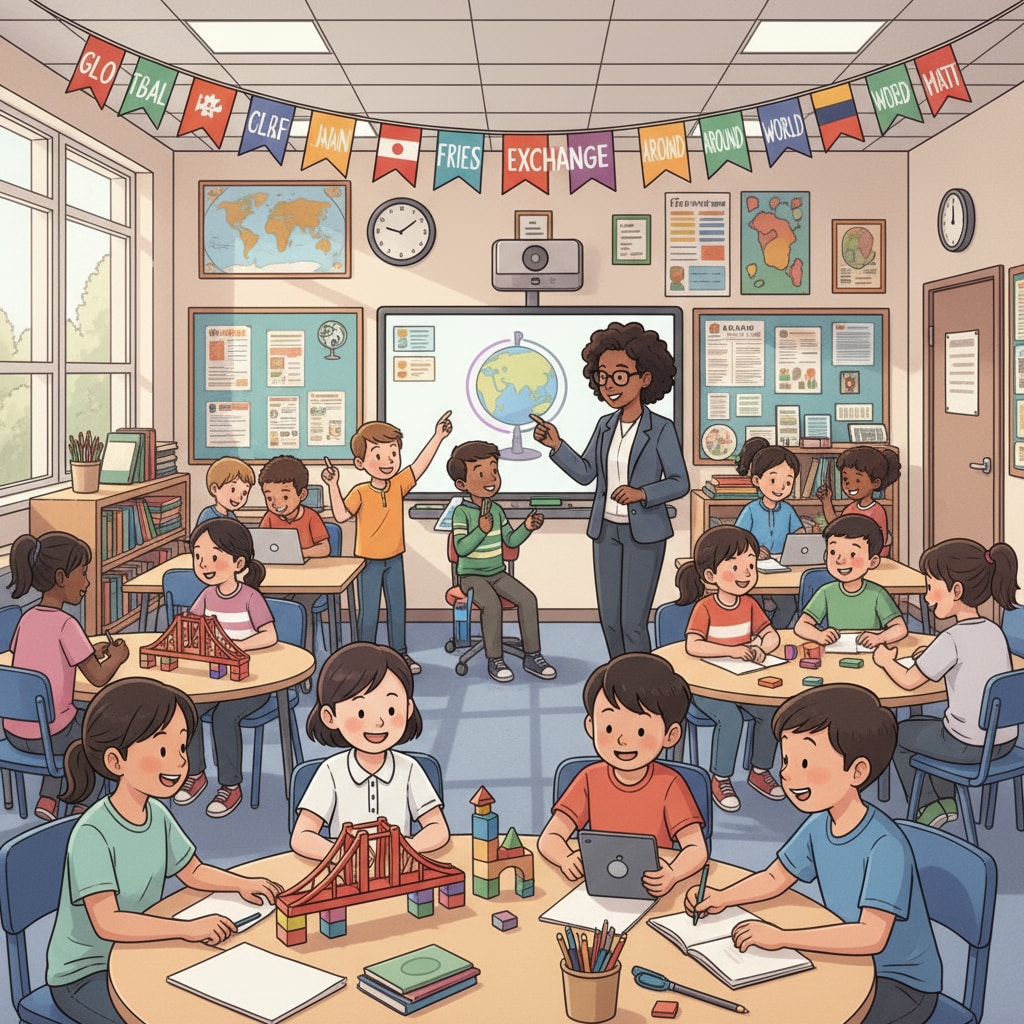 A classroom filled with international students in a K12 educational setting. They are interacting, collaborating, and learning from each other, representing the internationalization of education. A classroom scene of international students in a K12 setting, interacting and learning together