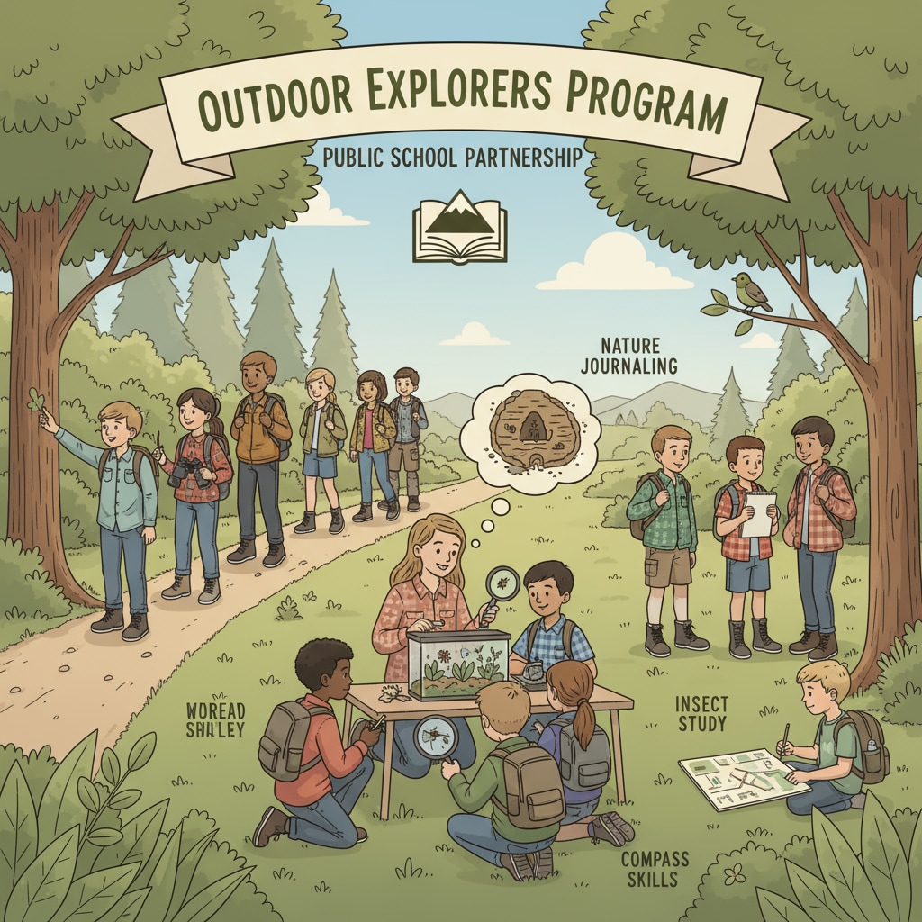 Students are engaged in various outdoor activities such as hiking and nature study as part of an outdoor education program facilitated by a partnership between a public school and an external organization. Students participating in outdoor education activities related to public school partnerships