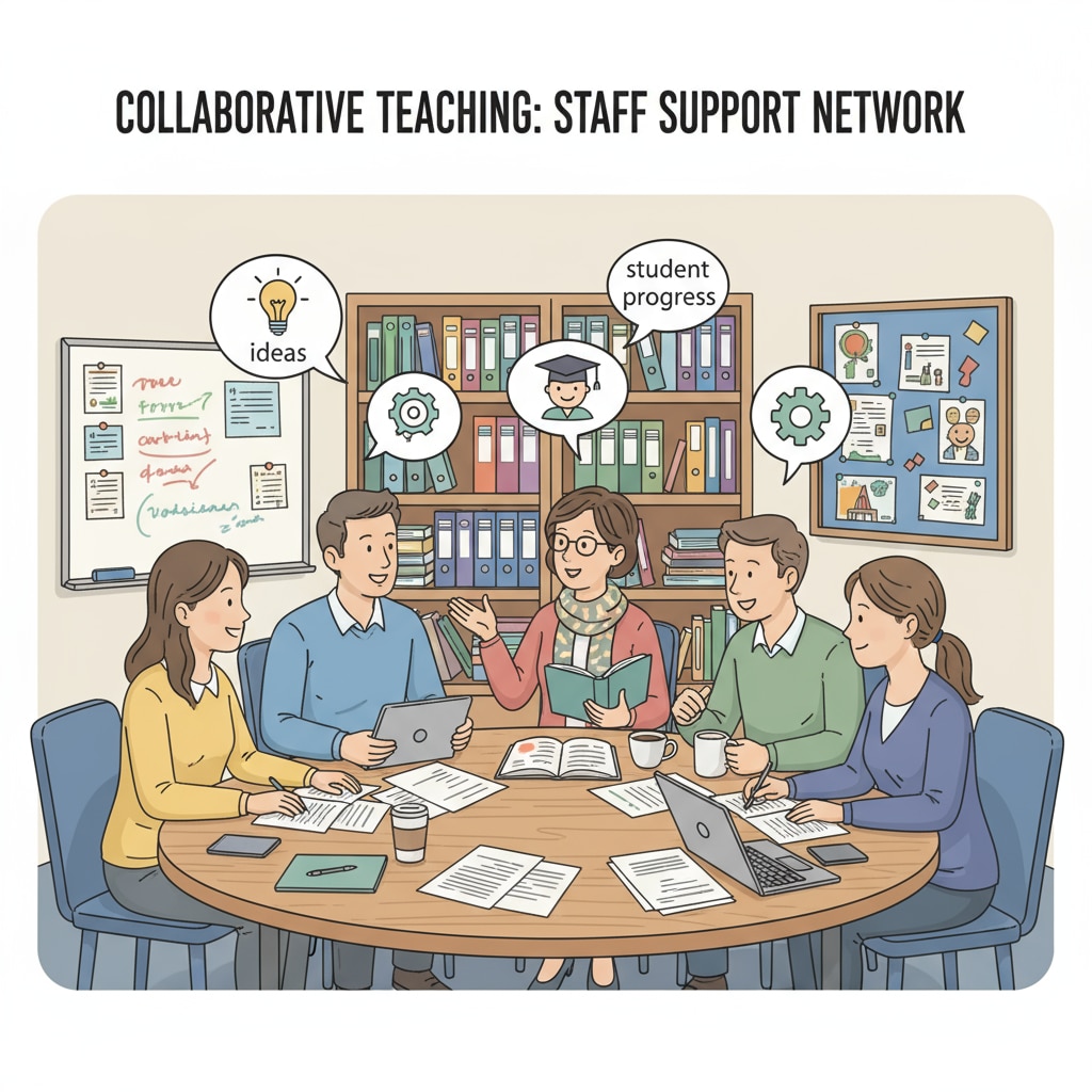 A group of K12 teachers in a staff room, engaged in a discussion about teaching methods and student issues, highlighting the daily work environment where they seek support. K12 teachers seeking work support in a staff room related to teaching satisfaction