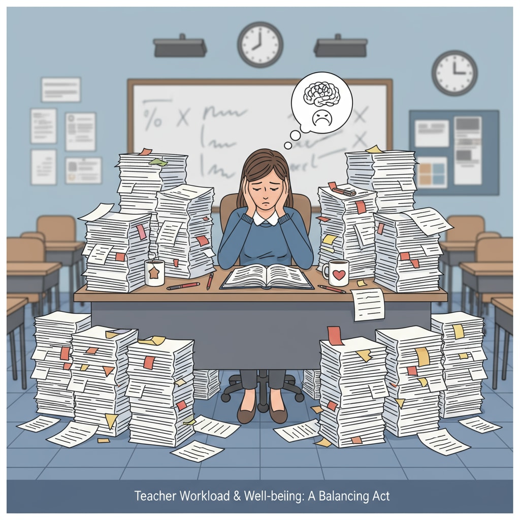A teacher sitting at a desk, surrounded by stacks of papers to grade, symbolizing the heavy workload that can impact teaching satisfaction and mental health. A K12 teacher facing the pressure of grading papers affecting teaching satisfaction