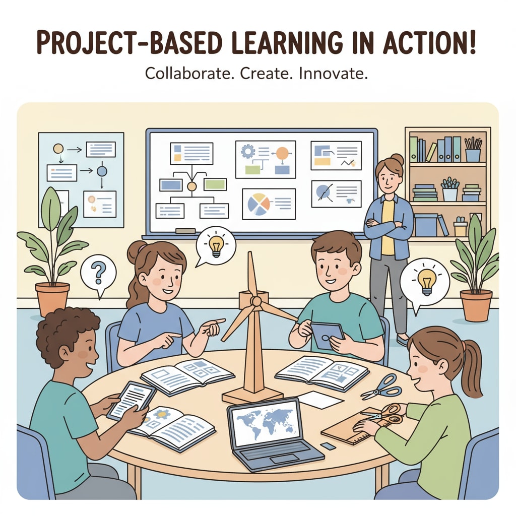 Students are actively involved in a project-based learning activity, collaborating with their peers and using various resources to complete their tasks. Project-based learning in a classroom setting