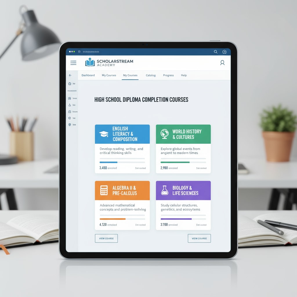 The interface of an online learning platform shows different high school diploma completion courses, with course titles, descriptions, and enrollment numbers visible. Online learning platform for high school diploma completion