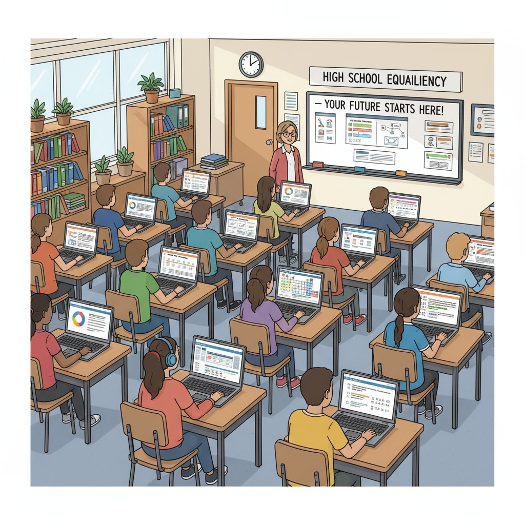 Students are shown sitting at desks, using laptops to study for high school equivalency exams with various online learning materials open on their screens. Students studying for high school equivalency exams using online resources