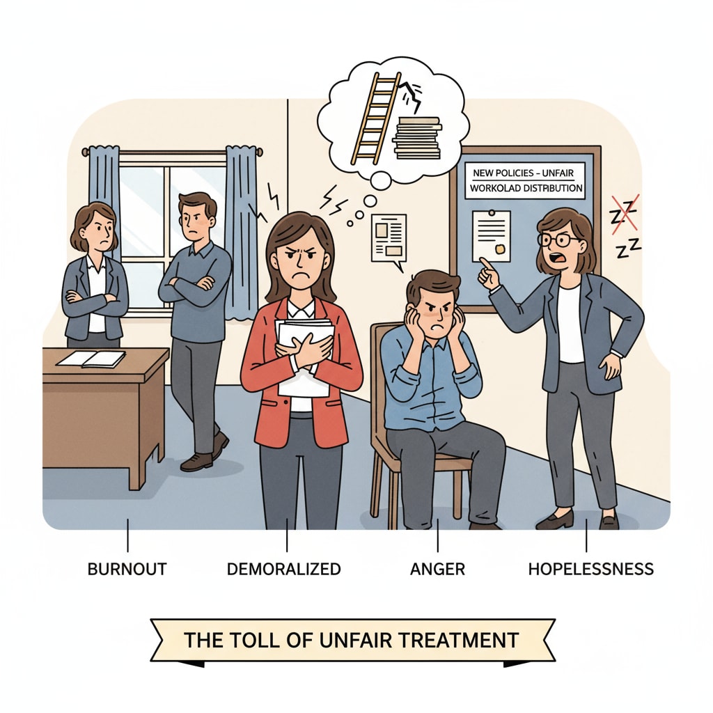 A group of teachers looking frustrated in a staff room, showing the negative impact of unfair treatment on their mental state. Teachers frustrated due to unfair treatment in the workplace affecting their teaching enthusiasm