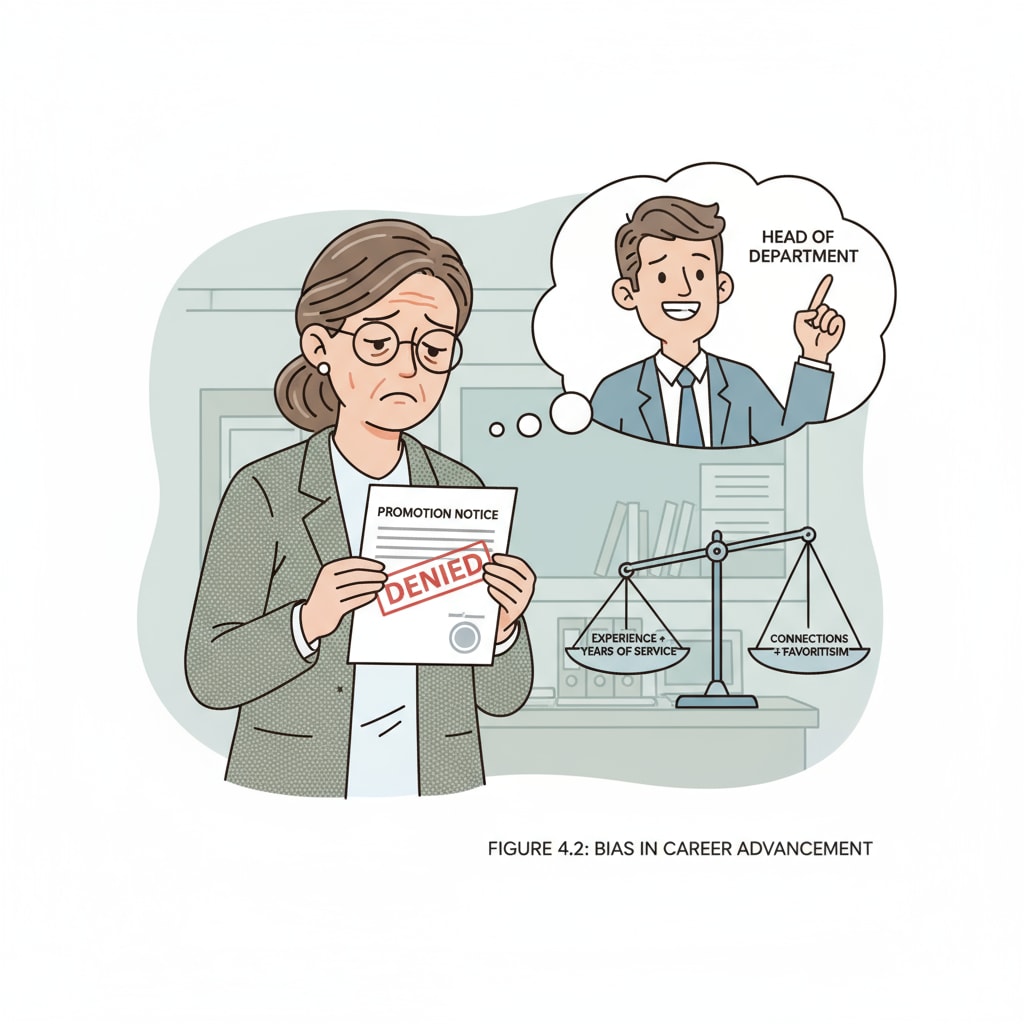 A teacher looking at a promotion notice with a disappointed expression, emphasizing the unfairness in the career advancement process. Teacher disappointed with unfair promotion opportunities in the educational workplace