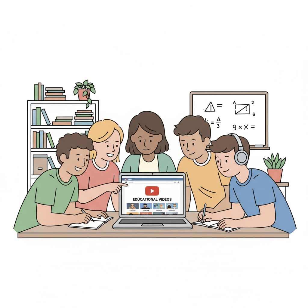 A group of students are sitting around a laptop, watching educational videos on YouTube with focused expressions. Students watching YouTube educational videos related to K12 subjects for online learning