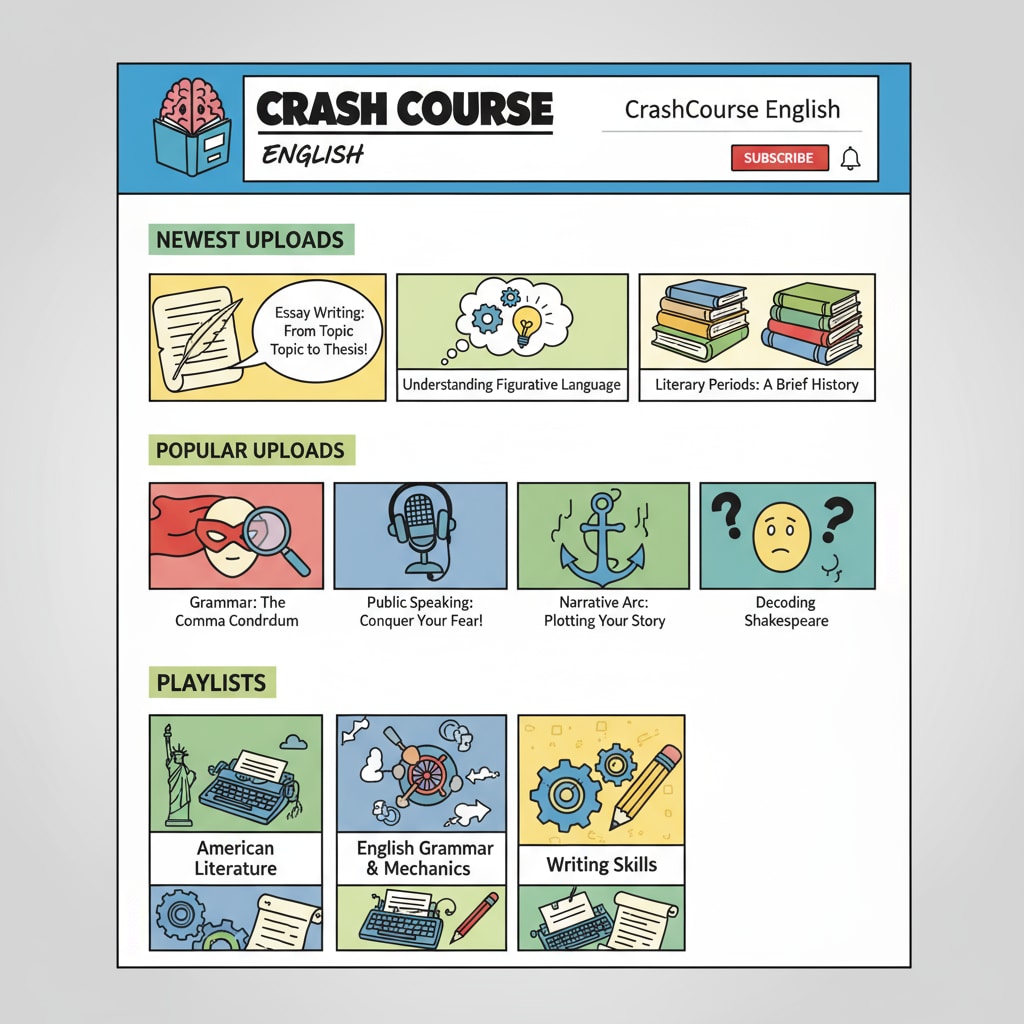 The view displays the engaging layout of the Crash Course English YouTube page, featuring thumbnails of language arts lessons. Crash Course English YouTube page for K12 language arts online education