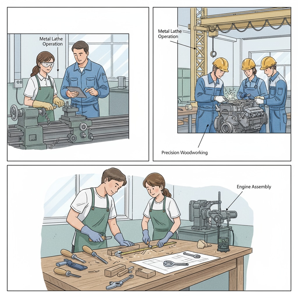 A group of students are engaged in hands - on learning activities in a vocational training workshop, such as operating machinery and practicing craftsmanship. Vocational training students in a workshop related to higher education, return on investment, vocational education, employment