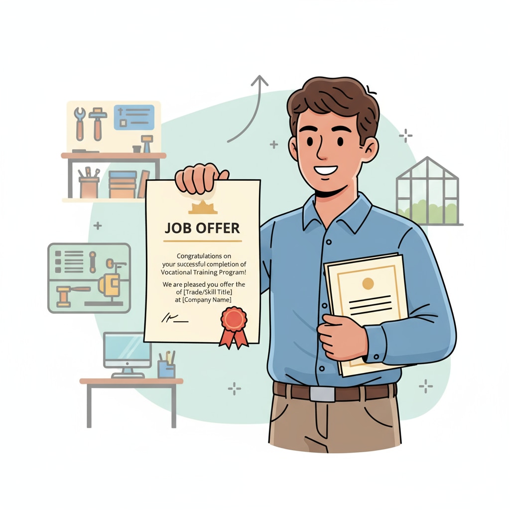 A young person is smiling while holding a job offer letter after graduating from a vocational training program, indicating successful employment. Vocational training graduate getting a job offer relevant to higher education, return on investment, vocational education, employment
