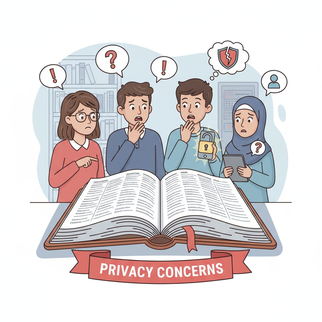 A group of students looking at a school directory with worried expressions, indicating the concern caused by potential privacy breaches. Students showing concern while looking at a school directory due to school directory, divorce, and privacy breach issues
