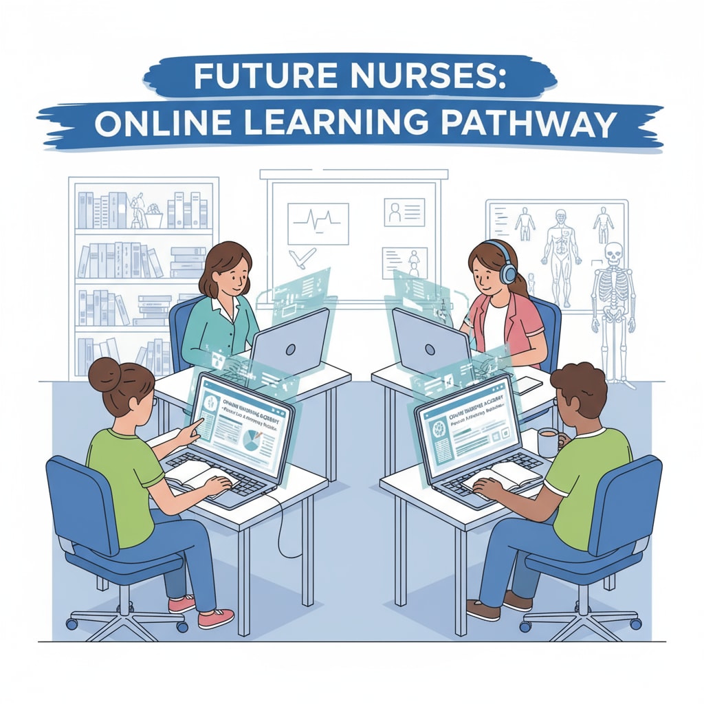 A group of students are sitting in front of their computers, attentively studying nursing courses provided by an online platform. Students studying online nursing courses related to ACT/SAT-free online universities