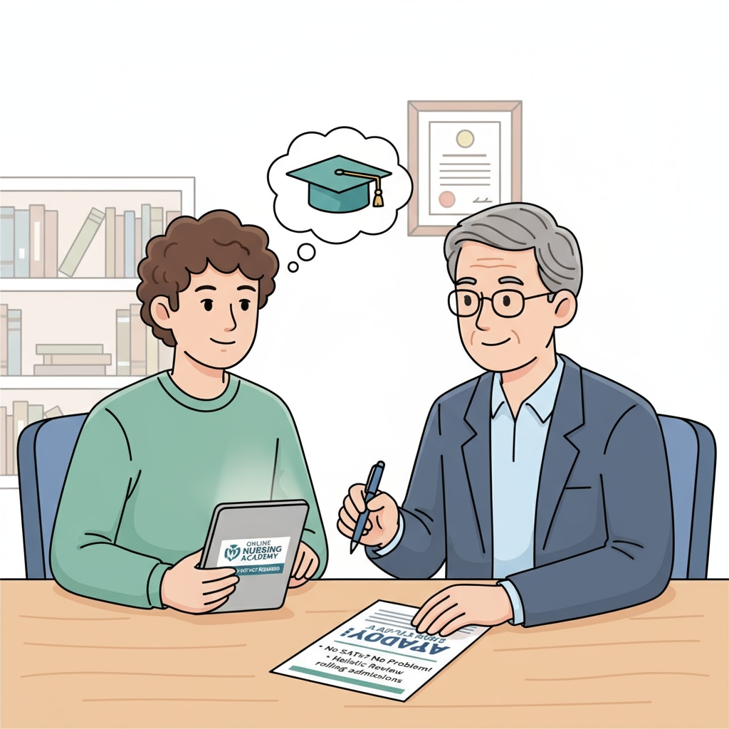 A student is sitting at a desk, having a conversation with an advisor about applying to an online nursing college without including SAT or ACT scores. Student discussing college application without SAT/ACT scores for online nursing programs