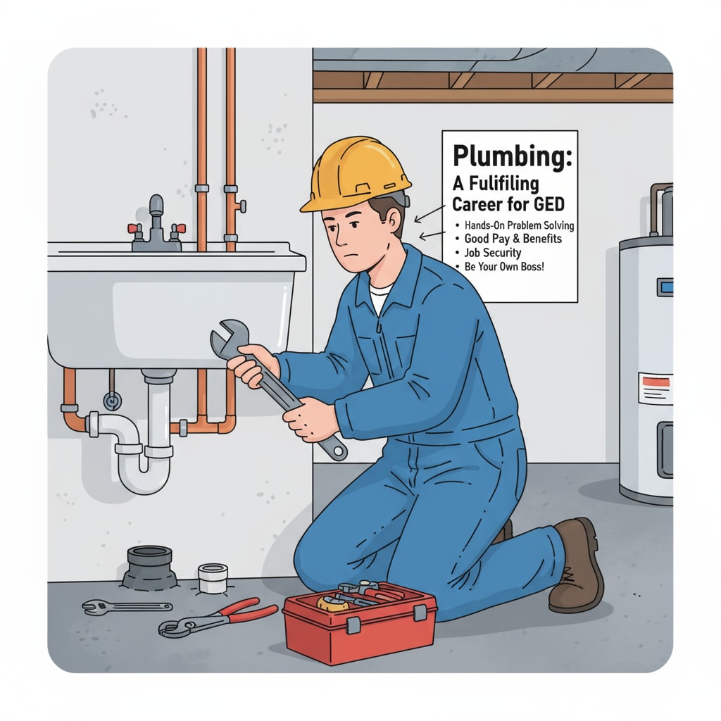 A person in work clothes doing plumbing work, depicting a potential career for GED holders. A person doing plumbing work, showing a job option related to GED, depression, and employment opportunities.